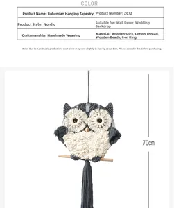 Detail of handmade bohemian owl tapestry showing cotton weave and 70cm dimensions