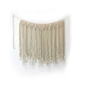 Handmade boho macrame wall hanging with geometric weaving and fringe tassels for home decor