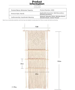 Detailed dimension guide for a 3-tier bohemian handmade woven wall hanging storage shelf
