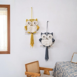 Handwoven macrame owl wall hanging decor with wooden rod and long fringe tassels