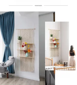 Detailed close-up of a three-tier macrame wall hanging shelf with boho tassels decoration