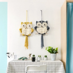 Handwoven owl macrame wall hangings in yellow and grey for Nordic home decor