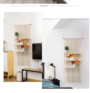 Detailed macro view of the bohemian woven tapestry patterns and the wooden shelf textures