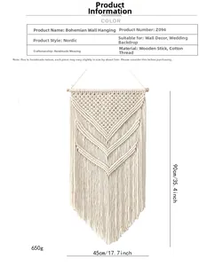 Detailansicht des handgefertigten Boho Wandteppichs mit Maßen 90x45cm und Baumwollfransen