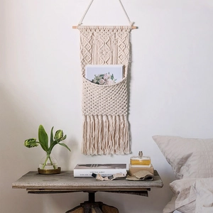 Bohemian Macrame Wall Hanging Storage Bag Handmade Cotton Woven Tapestry With Wood Pole Tassel Home Decor