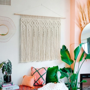 Bohemian Macrame Wall Hanging Large Hand Woven Cotton Fringe Tapestry With Wood Rod Geometric Decor Wall Art For Home Living Room