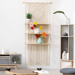 Bohemian handmade 3-tier woven cotton rope wall shelf with natural wood planks