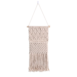 Handmade bohemian woven wall tapestry featuring cream cotton rope and long tassels decoration