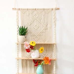 3-tier boho handmade woven tapestry wall shelf with cream cotton rope and wood boards