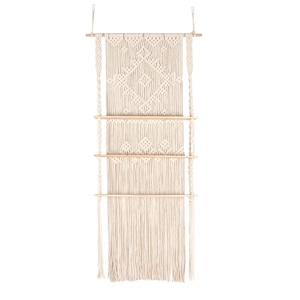 Bohemian handmade 3-tier woven tapestry wall shelf with ivory cotton rope and wood boards