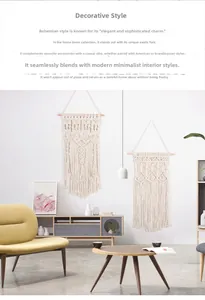 Detailed view of hand-woven cotton macrame wall hanging with long fringe in a living room