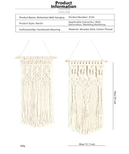 Detail of bohemian handmade cotton woven wall hanging with wooden rod and fringe