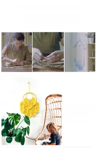 Détail de tenture murale en macramé bohème fait main jaune avec design de plumes