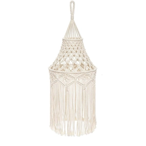 Handmade boho macrame lamp shade with woven cotton rope fringe in creamy white
