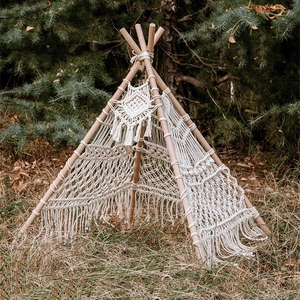 Handmade Macramé Pet Teepee Tent Cotton Rope Woven Dog House With Wooden Poles Tassel Bohemian Indoor Outdoor Decor