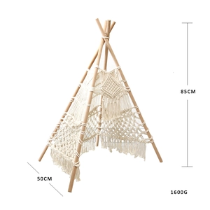 Detail showing Bohemian woven cotton rope pet tent with 85cm height and wooden poles