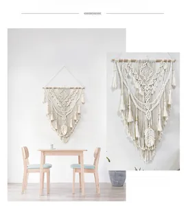 Detail view of handmade macrame wall hanging with intricate woven patterns and wooden beads