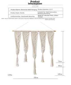 Detailed size chart showing bohemian handmade woven tapestry with wood and cotton