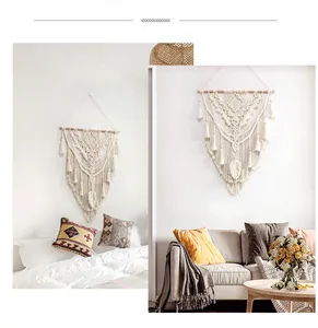 Detail showing bohemian woven macrame wall hanging in bedroom and living room settings