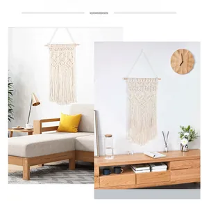 Detailed texture of bohemian hand-woven cotton macrame wall hanging with wooden rod