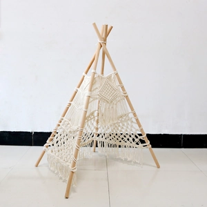 Handmade Macrame Pet Teepee Tent with Cotton Rope and Wooden Poles for Cats and Dogs
