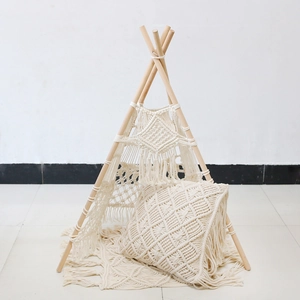Handmade Nordic boho cotton rope woven pet tent with wooden poles and matching cushion
