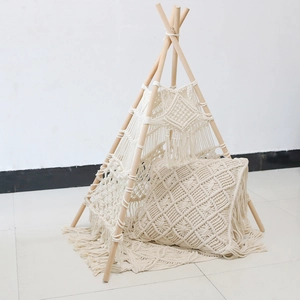 Handmade Macrame teepee tent for pets or kids in cream cotton with fringe decor