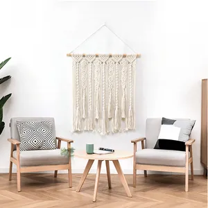 Tapestrie murale bohème tissée main avec motifs géométriques en macramé de coton beige