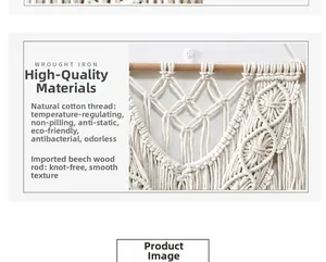 Detail of bohemian handmade woven tapestry made with premium natural cotton and beech wood