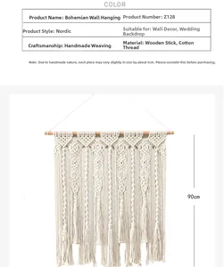 Détail macro du macramé mural bohème avec motifs en coton tissés à la main et franges