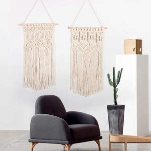 Boho macrame wall hanging set made of natural cotton rope and wood for home decor