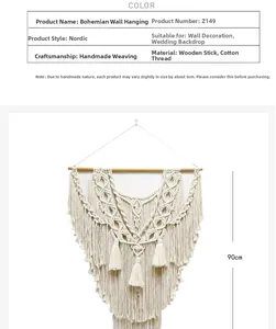 Détail d'une tapisserie bohème tissée main avec franges et mesure de taille de 90 cm