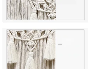 Détails d'un tissage macramé mural fait main avec motifs géométriques et des franges