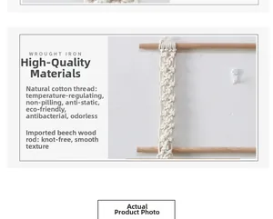 Detail of hand-woven cotton macrame tapestry with premium beech wood support bar