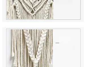 Dettaglio ravvicinato di un arazzo in macramè con nodi intricati e frange di cotone