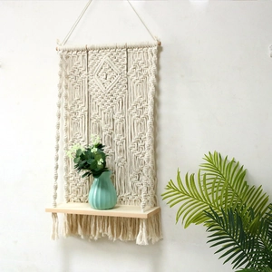 Bohemian Macrame Wall Hanging Shelf Hand Woven Cotton Rope Tapestry With Wood Floating Shelves Tassel Home Decor For Bedroom