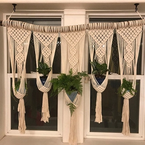 Handmade Macrame Wall Hanging Plant Hanger with 5 Pockets and Natural Wood Stick