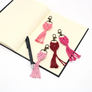 Handmade woven heart tassels keychain with vintage bronze clasp in four shades of red and pink
