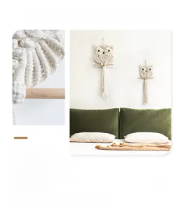 Close-up detail of handcrafted cotton owl macrame wall hanging with wooden branch