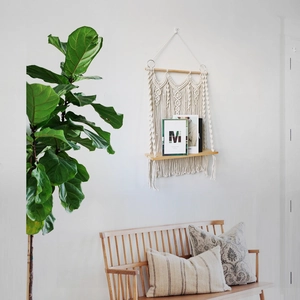 Bohemian handmade macrame wall hanging shelf with wooden board and natural cotton rope