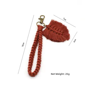 Detailed view of handmade cotton woven keychain with leaf fringe and dimensions shown