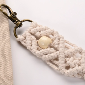 Handmade cream macrame cotton rope keychain with wood bead and bronze lobster clasp