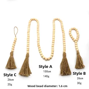 Détails des guirlandes en perles de bois et pompons en jute naturelle, diamètres de 1,6cm