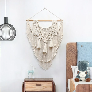 Tapisserie Bohème en Macramé Fait Main Corde de Coton Avec Poteau en Bois Glands Décoration Murale Géométrique Chambre Maison