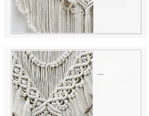 Close-up of hand-woven bohemian tapestry showing intricate cotton knots and fringe details