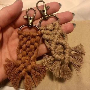 Handmade bohemian colorful braided cotton rope keychain with bronze clasp and tassel fringe