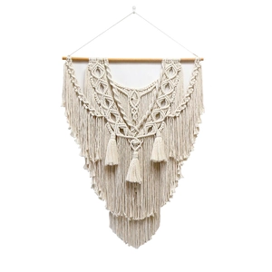 Tenture murale en macramé bohème fait main avec pompons en coton et bois