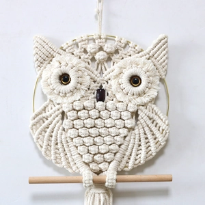 Handmade boho macrame owl wall hanging decor with cotton rope and wooden stick