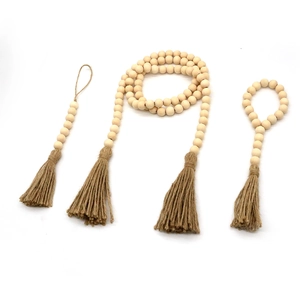 Lot de guirlandes en perles de bois avec pompons en jute pour décoration murale