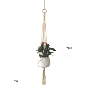 Detail view of 95cm cotton rope plant hanger featuring woven mesh and wooden ring